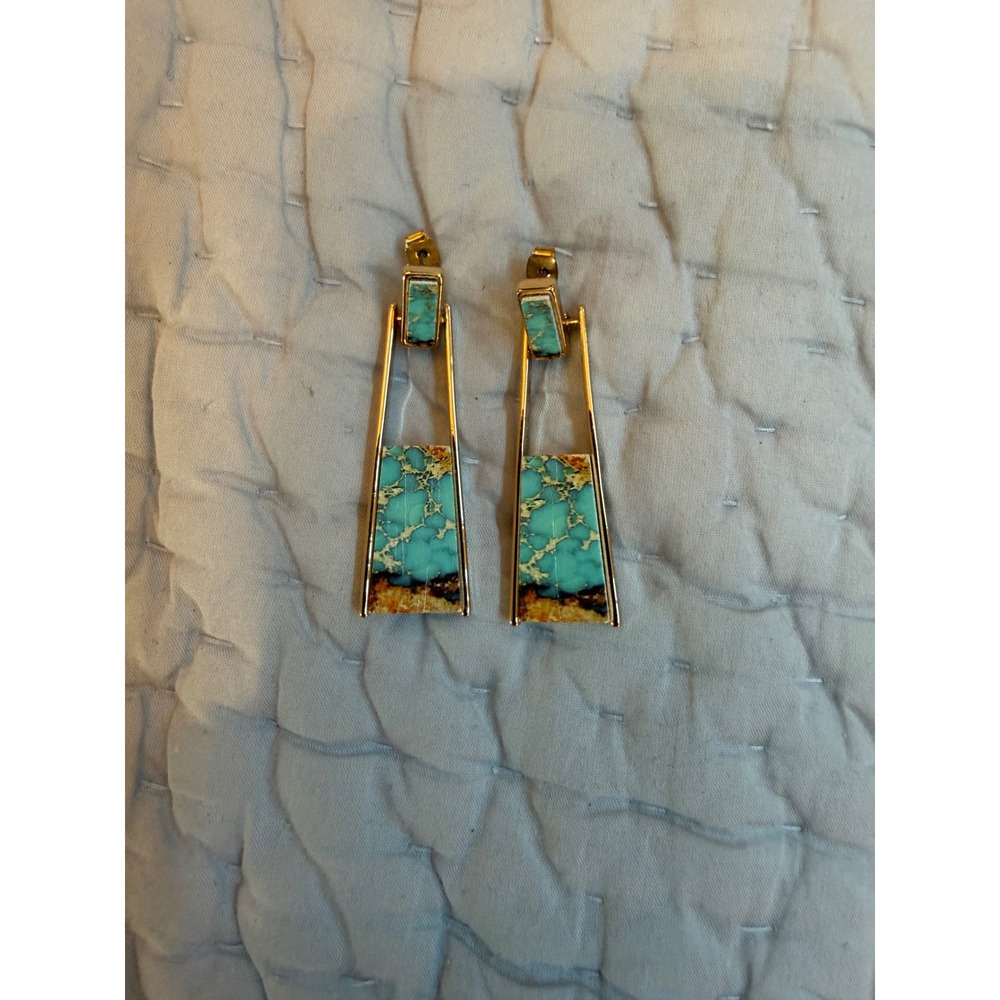 Gold Tone Faux Turquoise Geometric Trapezoid Drop Earrings Statement Jewelry